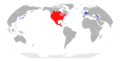 Worldwide range of the raccoon: the native range is red, the introduced range is blue