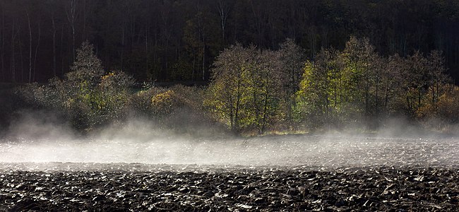 "Morning_mist_lifting_from_plowed_field_3.jpg" by User:W.carter