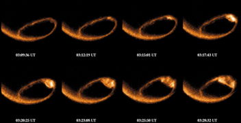 Deutsch: Bildsequenz von UV-Aurora zeigt die Entwicklung eines Teilsturmes English: Image sequence in ultraviolet light showing the development of a substorm