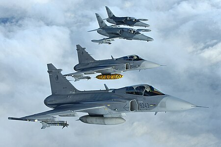 2 x Saab JAS-39 Gripen and 2 x Aero L-159 of the Czech Air Force, based at AFB Čáslav, inflight