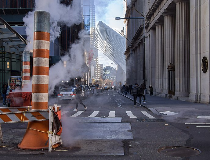 Steam stacks at Broadway and Dey