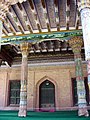 Pillars and ceiling with polychrome geometric decoration of the mosque. Afaq Khoja Mausoleum . Kashgar.