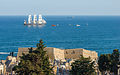 The Kruzenshtern (Russian four-masted barque, 1926) navigating in front of the Théâtre de la Mer.