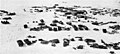 Little America V during construction stage. Scattered supplies reflect hasty evacuation of the supply dump, located on bay ice. Supply dump was moved when ice gave indication of breaking up. The supplies, seen in picture were segregated and restored before task force ships departed.