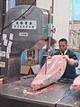cutting frozen Tuna in Tsukiji fish market
