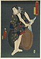 The woodprint 'The Actor Kawarazaki Gonjuro I as Osarabakuzo Denji' from 1859 by the Japanese artist Utagawa Kunisada. The woodprint illustrates how the Japanese warrior took the blood away from the sword in the feudal period of Japan (prior to 1868)