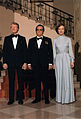 Jimmy Carter, Josip Tito and Rosalynn Carter pose for a formal portrait during a state dinner, 1978