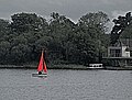 small yacht with red sail