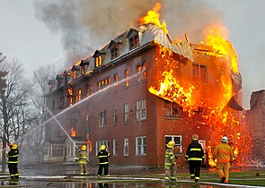 A building in Massueville, Quebec, Canada engulfed by fire