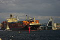 Container ship leaving Fremantle harbour, at the mouth of the Swan River