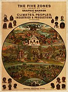 The Five Zones Showing in a Graphic Manner the Climates, Peoples, Industries and Productions of the Earth, Walter Levi Yaggy, 1887.jpg