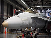 The nose of a former RAAF F/A-18A Hornet fighter jet