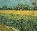 View of Arles with Irises. Méi 1888. air di atas kanvas medium QS:P186,Q296955;P186,Q12321255,P518,Q861259 , 54 × 65 cm. Museum Van Gogh.