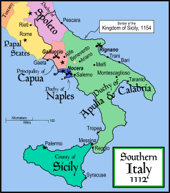 A map of southern Italy showing the important cities and states during Roger II of Sicily's reign (1112-1154).