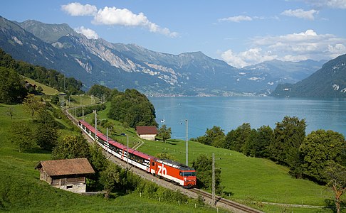 Zentralbahn Interregio train following the Brienzersee in Zentral Switzerland