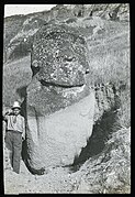 View of a moai, with its face eroded, partially excavated, standing upright in the ground, with a South American young man standing beside it on the left, for scale; Easter Island; Oc,G.T.1759, Mana Expedition to Easter Island, British Museum.jpg