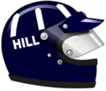Le casque intégral de Graham Hill utilisé en Formule 1 à partir de la fin des années 1960. Sur le heaume du pilote originaire du quartier londonien d'Hampstead, passionné d'aviron, figure le code visuel (de l'époque) du Template:Lien dont il dirigeait le huit barré.