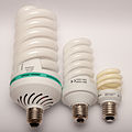 * Nomination Comparison of compact fluorescent light bulbs with 105W, 36W und 11W. --Tobias "ToMar" Maier 14:25, 1 February 2016 (UTC) * Promotion Good quality --Llez 20:05, 1 February 2016 (UTC)