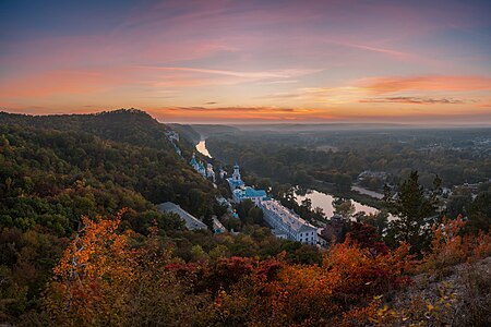 Autumn sunset at Holy Mountains Monastery in Sviatohirsk, Donetsk Oblast, by Balkhovitin