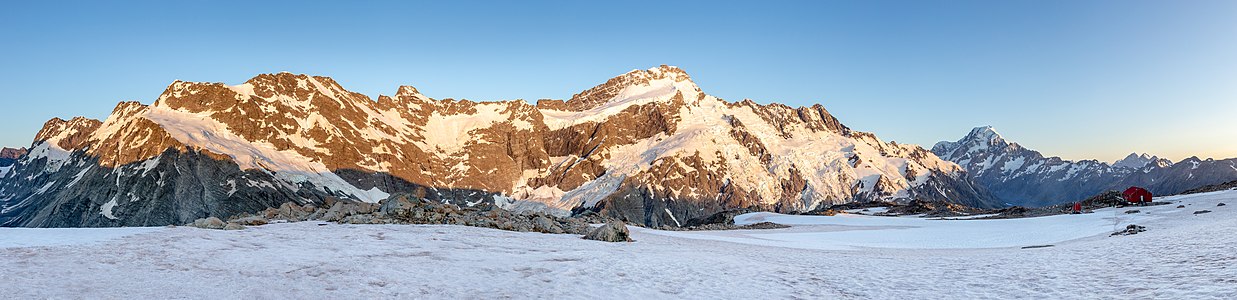 Mueller Hut with Mt Sefton and Aoraki (Mt Cook) during the sunrise