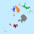 The five wards; red is St Agnes, blue is Bryher, orange is Tresco, green is St Martin's, and grey is St Mary's