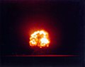 A somewhat blurry rare color photograph of the "Trinity" explosion.