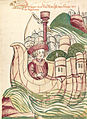 Deutsch: Rudolf zusammen mit zahlreichen Rittern auf Schiff bei seiner Umfahrt, um 1450