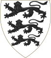 Argent, three lions passant guardant sable