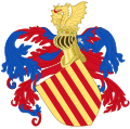 Representación de las armas del Rey de Aragón, diseño desde el siglo XVI (Versión con lambrequines de Azur y Gules con la Cruz de Arista como en el siglo XIV)