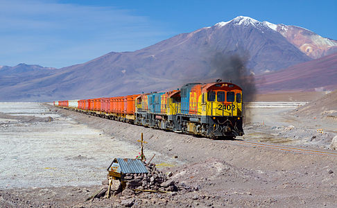 FCAB EMD GR12 and two Clyde GL26C-2 crossing Salar de Ascotan, Chile