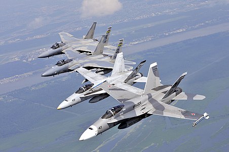 Two F-A-18 Hornets assigned to Strike Fighter Squadron (VFA) 204 and two F-15 Eagles assigned to the Louisiana Air National Guard 159th Fighter Wing fly in an echelon formation