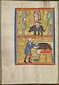 page 012v - Calendar, December, a man slaughtering a pig and singeing off his bristles