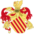 Representación de las armas del Rey de Aragón, diseño desde el siglo XVI (Se introdujeron lambrequines, con frecuencia simplificados a los esmaltes del campo, Oro y Gules).