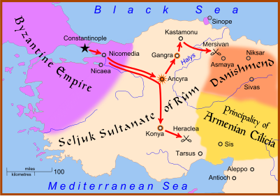 The routes travelled by the Christian armies in the disasterous Crusade of 1101