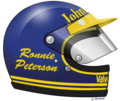 Le casque de Ronnie Peterson, d'Örebro en Suède, vainqueur de 10 Grand Prix de Formule 1, vice-champion du monde en 1971 et en 1978 (à titre posthume), considéré comme l'un des pilotes les plus spectaculaires et les plus talentueux de sa génération.