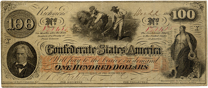 A 1862 One Hundred Dollar Confederate States of America banknote