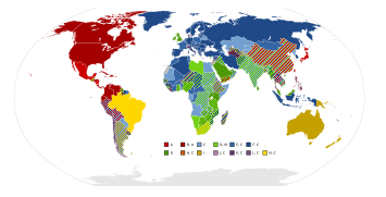 World map of electrical mains power plug types used.svg