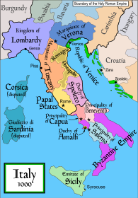 Italy in 1000 CE, part of my series of historical maps of Italy. This map may be too "busy". This map was commissioned by Attilios