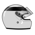Le casque intégral de Jean-Pierre Jaussaud. C'est le deuxième design, et le plus connu, utilisé par le pilote caennais, champion de France de Formule 3 1970 et double vainqueur des 24 Heures du Mans en 1978 et 1980.