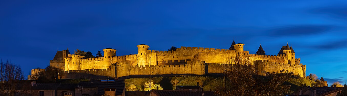 Fortified city of Carcassonne during the blue hour, France.