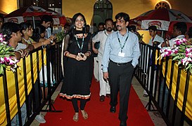 Actors Ms. Samvritha Sunil and Vineeth Sai Kumar on the Red Carpet arriving at ‘INOX’ for the movie (Kaalchilambu), at the 41st International Film Festival of India (IFFI-2010), at Panaji, Goa on November 25, 2010.jpg