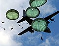 The Army 82nd Airborne Division performs a mass jump with 120 members during the 2006 Joint Service Open House hosted at Andrews Air Force Base, May 20, 2006.