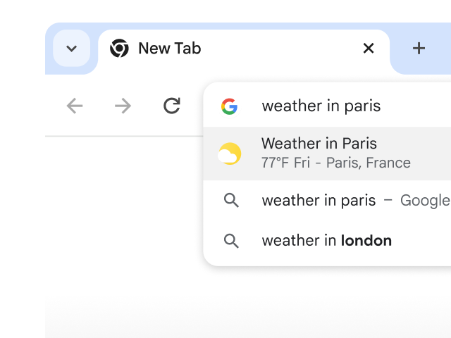 A user typed “weather in Paris” into Chrome's address bar and it has instantly generated results.